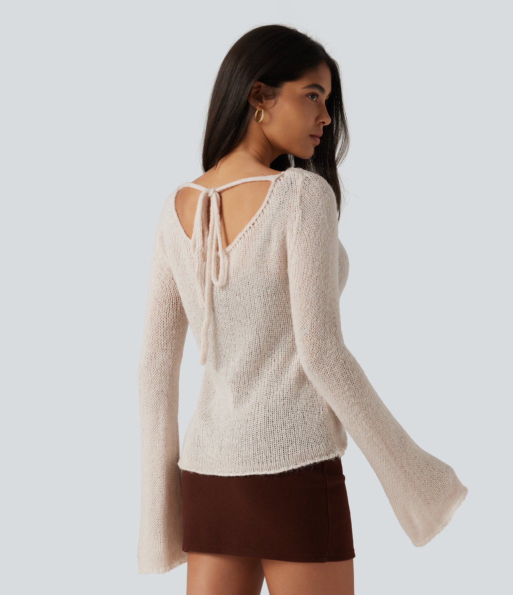 Boat Neck Flounce Long Sleeve Tie Back Casual Wool-Blend Jumper — Silver Gray — view 2