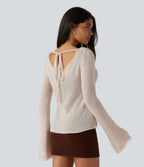 Boat Neck Flounce Long Sleeve Tie Back Casual Wool-Blend Jumper — Silver Gray — view 2