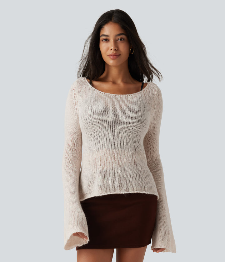 Boat Neck Flounce Long Sleeve Tie Back Casual Wool-Blend Jumper — Silver Gray — view 1