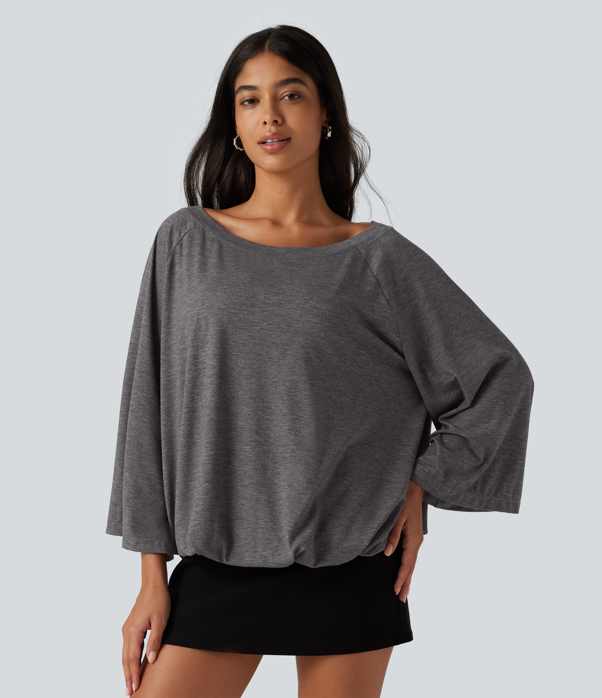 Boat Neck Ruched Batwing Long Sleeve Top — Darl Gray Floral Yarn — view 5