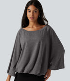 Boat Neck Ruched Batwing Long Sleeve Top — Darl Gray Floral Yarn — view 1