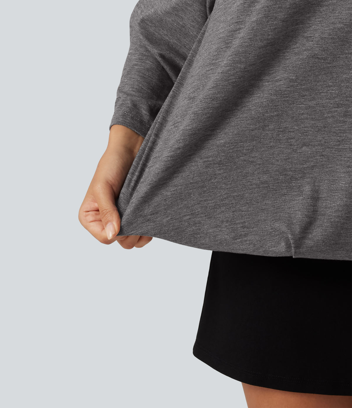 Boat Neck Ruched Batwing Long Sleeve Top — Darl Gray Floral Yarn — view 6