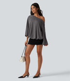 Boat Neck Ruched Batwing Long Sleeve Top — Darl Gray Floral Yarn — view 7
