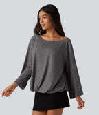 Boat Neck Ruched Batwing Long Sleeve Top — Darl Gray Floral Yarn — view 3