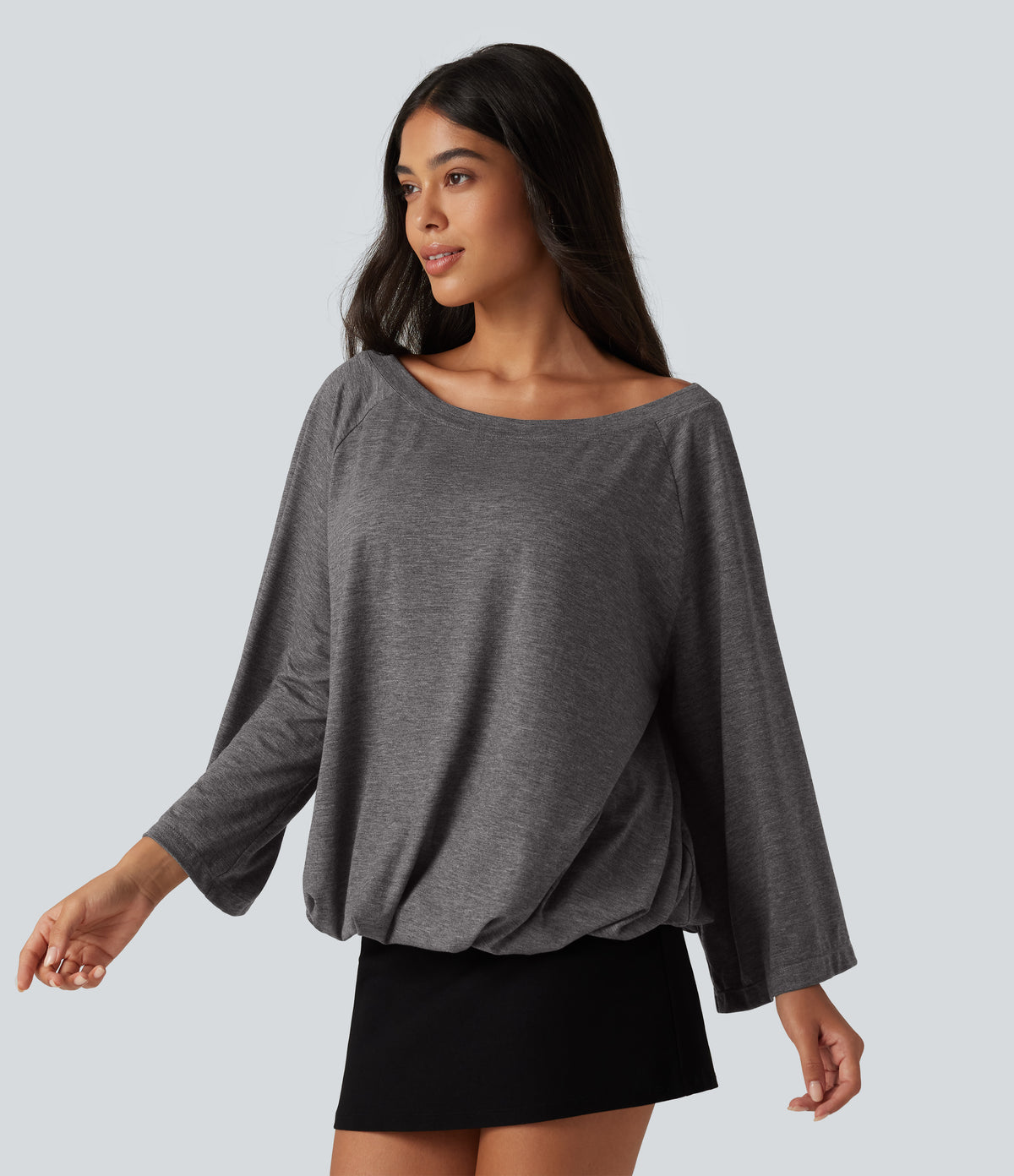 Boat Neck Ruched Batwing Long Sleeve Top — Darl Gray Floral Yarn — view 3
