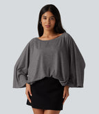 Boat Neck Ruched Batwing Long Sleeve Top — Darl Gray Floral Yarn — view 4