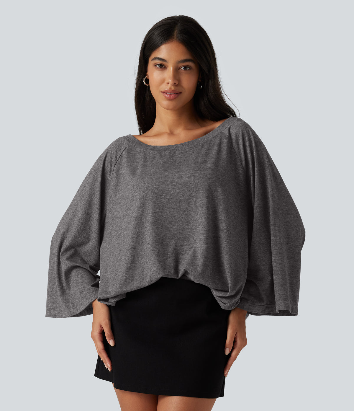 Boat Neck Ruched Batwing Long Sleeve Top — Darl Gray Floral Yarn — view 4