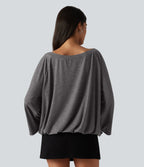 Boat Neck Ruched Batwing Long Sleeve Top — Darl Gray Floral Yarn — view 2