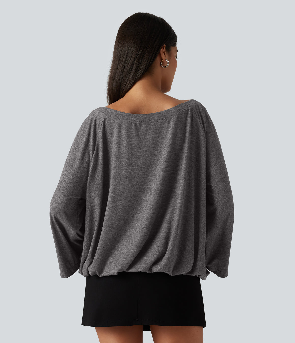 Boat Neck Ruched Batwing Long Sleeve Top — Darl Gray Floral Yarn — view 2