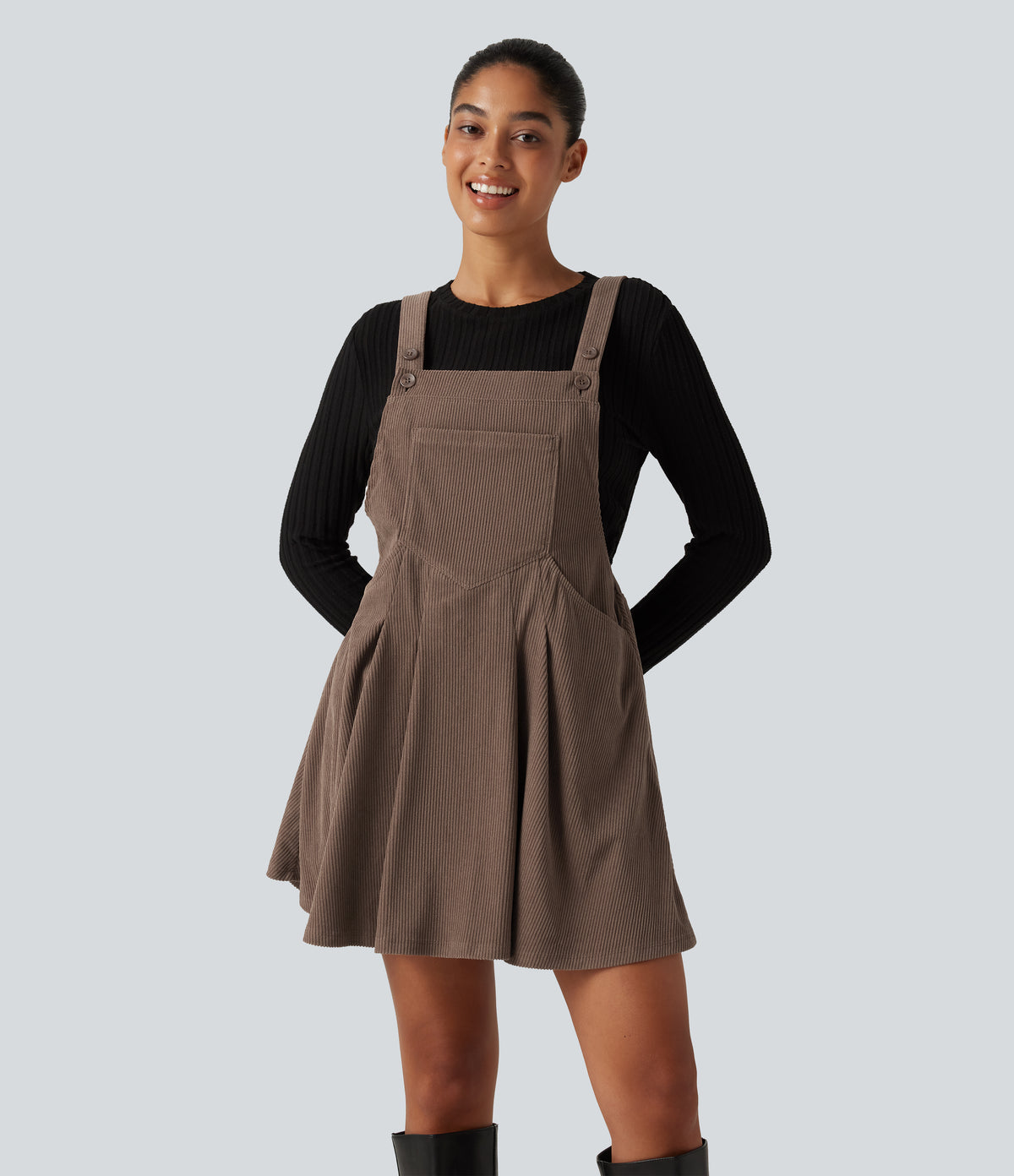 Mini Corduroy Casual Dress with Pockets — Acorn — view 1