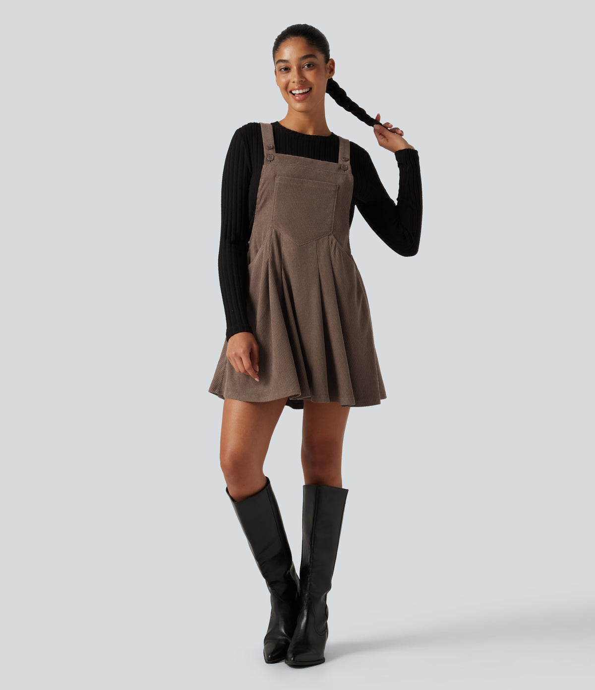 Mini Corduroy Casual Dress with Pockets — Acorn — view 8
