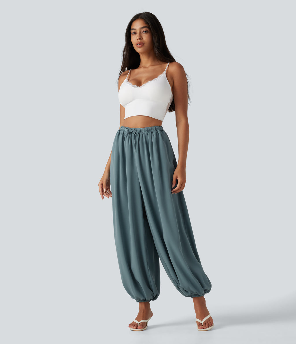 High Waisted Drawstring Casual Linen-Feel Joggers with Pockets — Morning Dew Green — view 7
