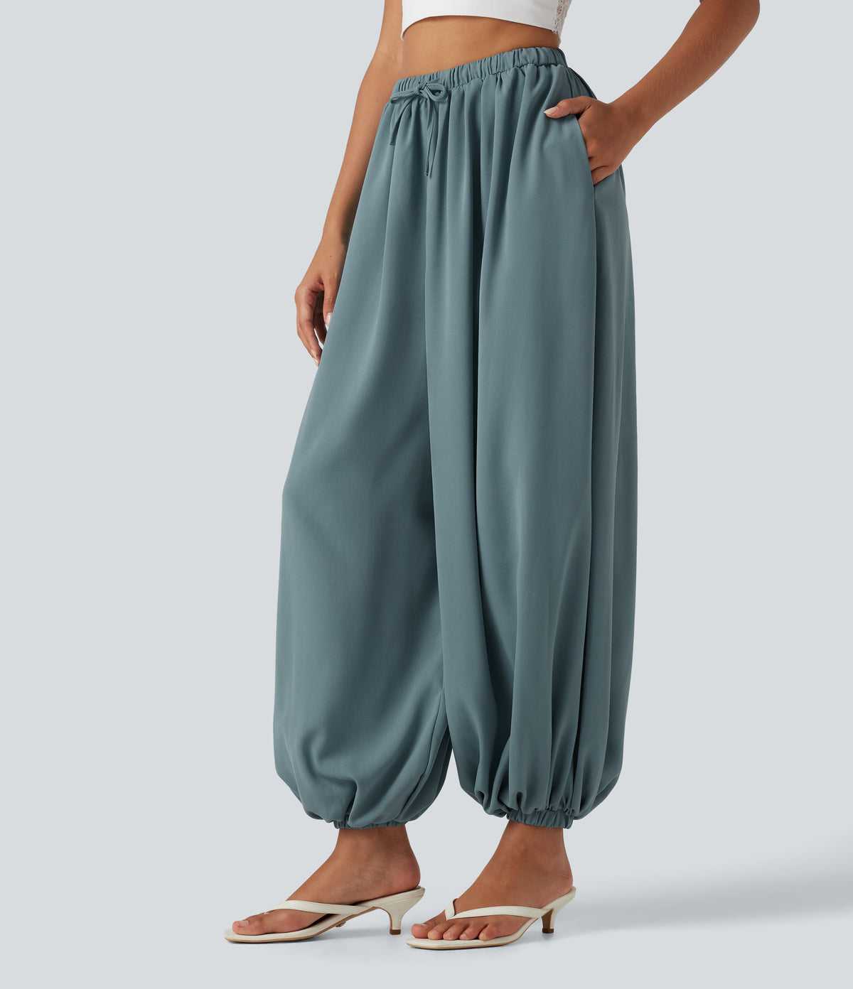 High Waisted Drawstring Casual Linen-Feel Joggers with Pockets — Morning Dew Green — view 3
