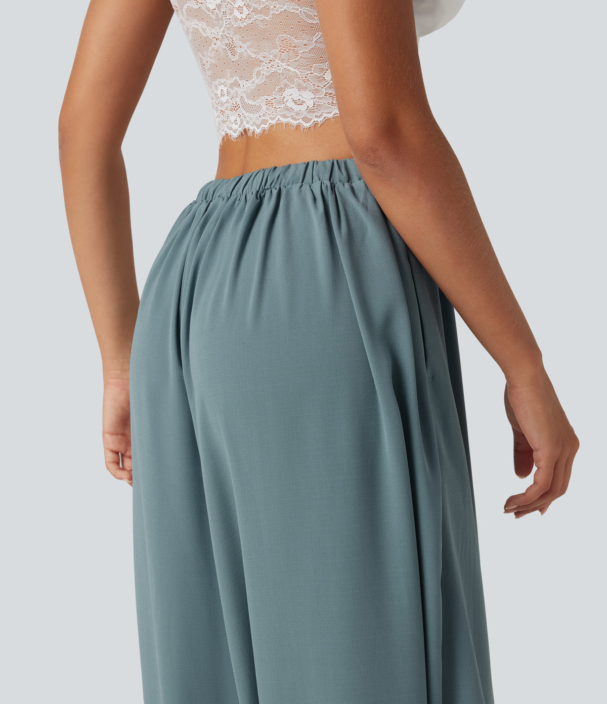 High Waisted Drawstring Casual Linen-Feel Joggers with Pockets — Morning Dew Green — view 5