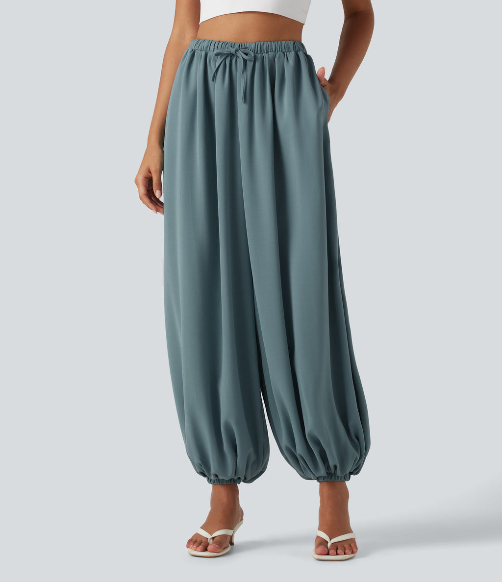 High Waisted Drawstring Casual Linen-Feel Joggers with Pockets — Morning Dew Green — view 1