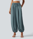 High Waisted Drawstring Casual Linen-Feel Joggers with Pockets — Morning Dew Green — view 1