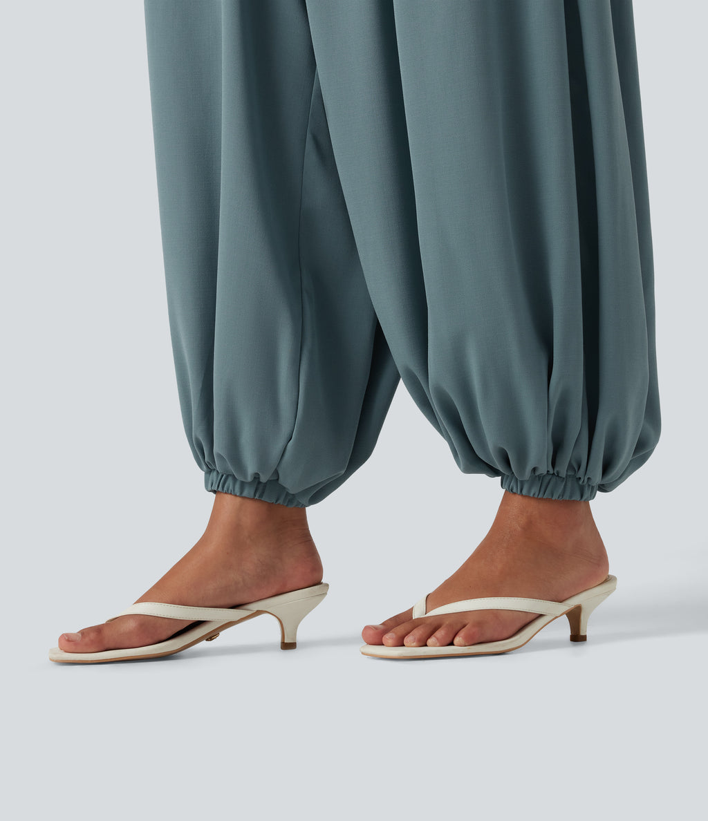 High Waisted Drawstring Casual Linen-Feel Joggers with Pockets — Morning Dew Green — view 6