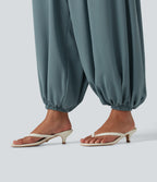 High Waisted Drawstring Casual Linen-Feel Joggers with Pockets — Morning Dew Green — view 6