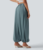 High Waisted Drawstring Casual Linen-Feel Joggers with Pockets — Morning Dew Green — view 2