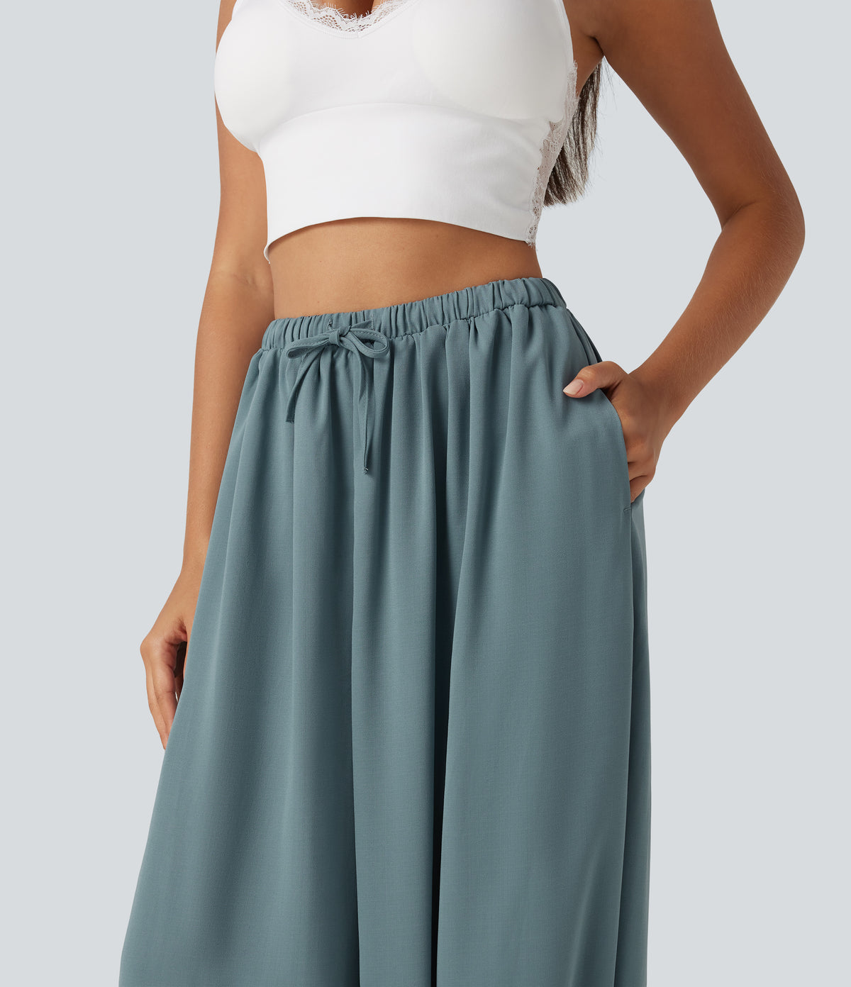 High Waisted Drawstring Casual Linen-Feel Joggers with Pockets — Morning Dew Green — view 4