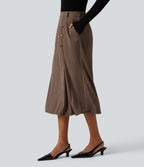 High Waisted Corduroy Midi Work Skirt with Pockets — Acorn — view 3