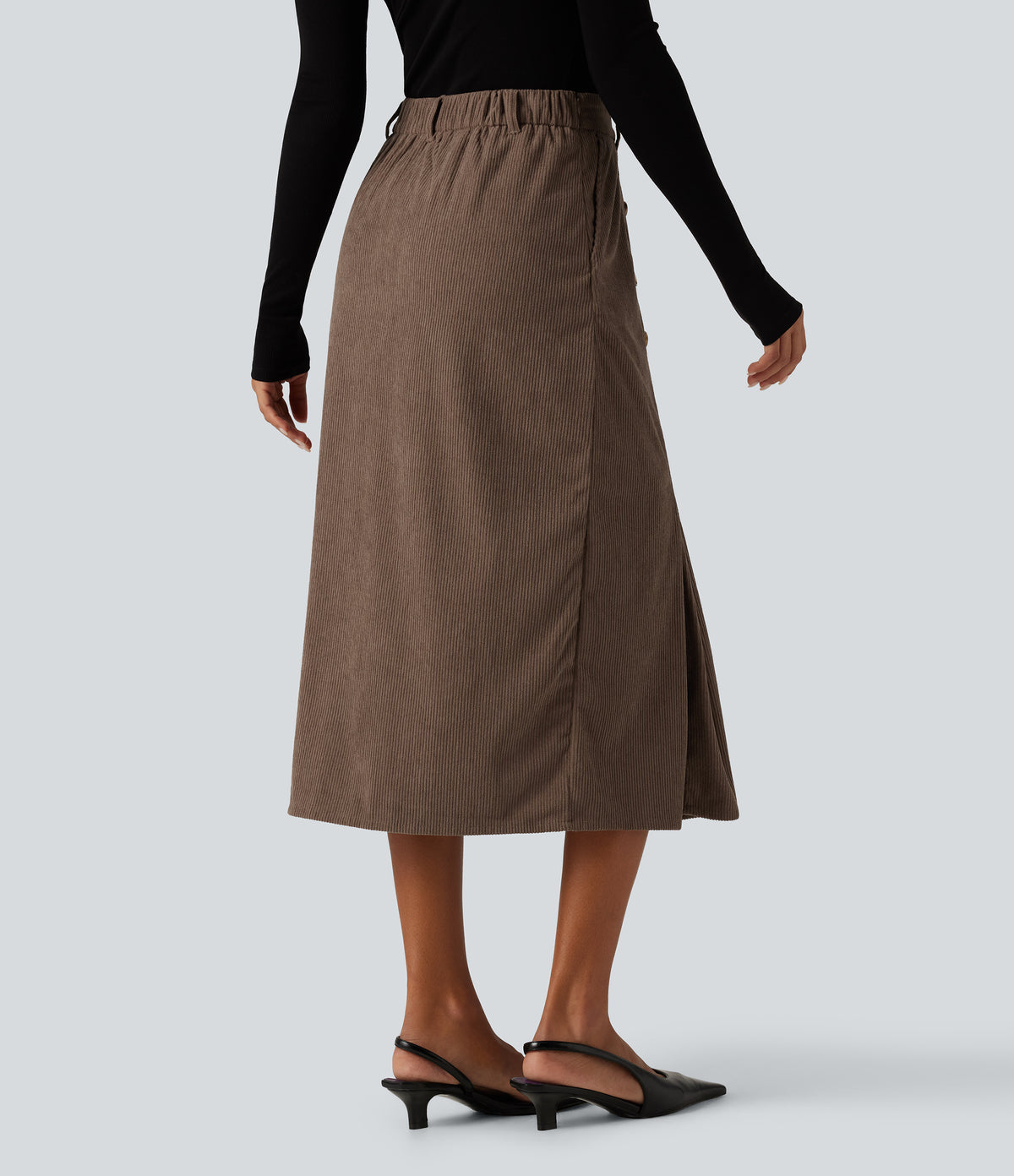 High Waisted Corduroy Midi Work Skirt with Pockets — Acorn — view 2