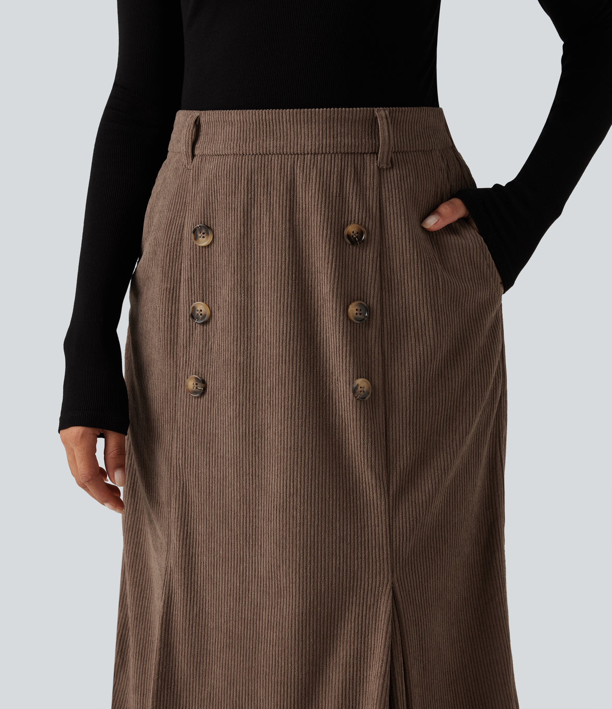 High Waisted Corduroy Midi Work Skirt with Pockets — Acorn — view 4