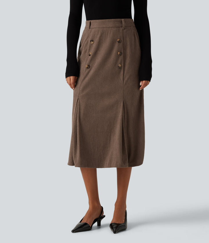 High Waisted Corduroy Midi Work Skirt with Pockets — Acorn — view 1