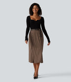 High Waisted Corduroy Midi Work Skirt with Pockets — Acorn — view 8