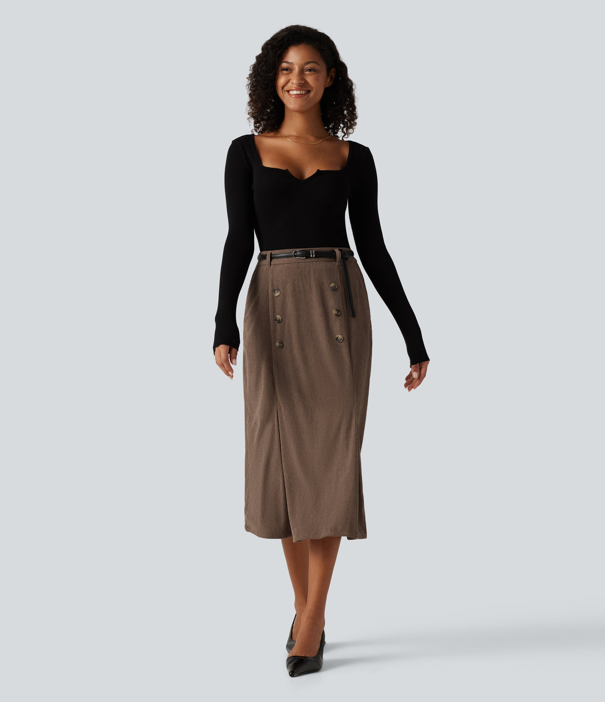 High Waisted Corduroy Midi Work Skirt with Pockets — Acorn — view 8