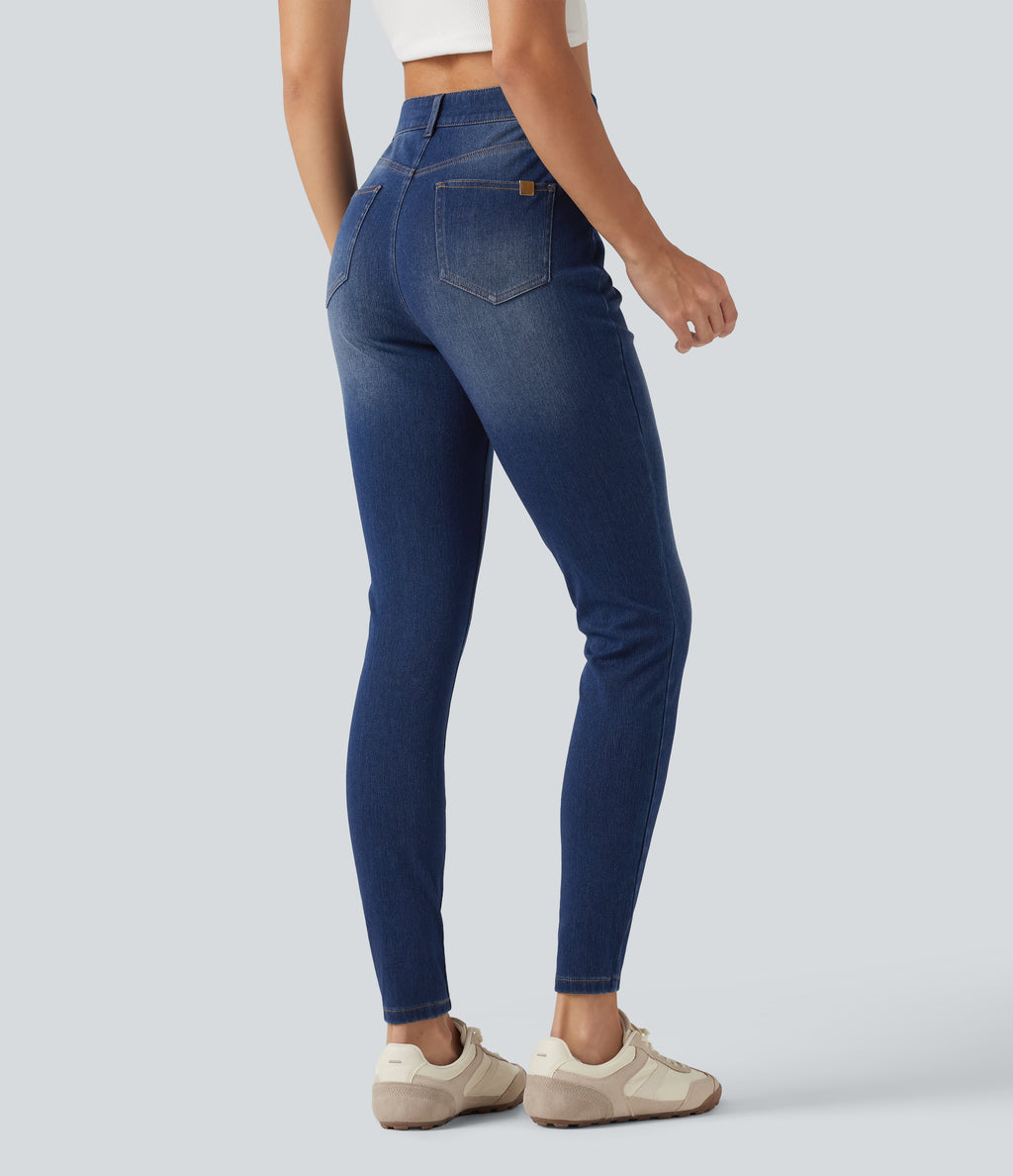High Waisted Skinny Casual Jeans with Pockets — Estate Blue Denim — view 2