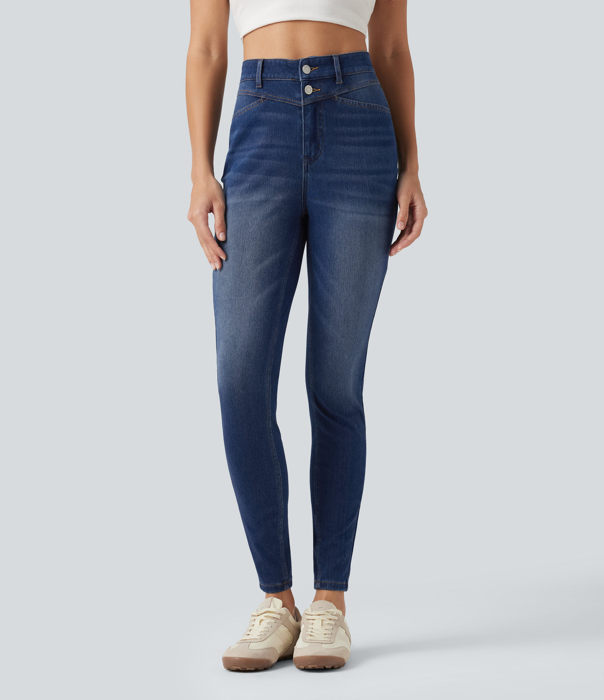 High Waisted Skinny Casual Jeans with Pockets — Estate Blue Denim — view 3