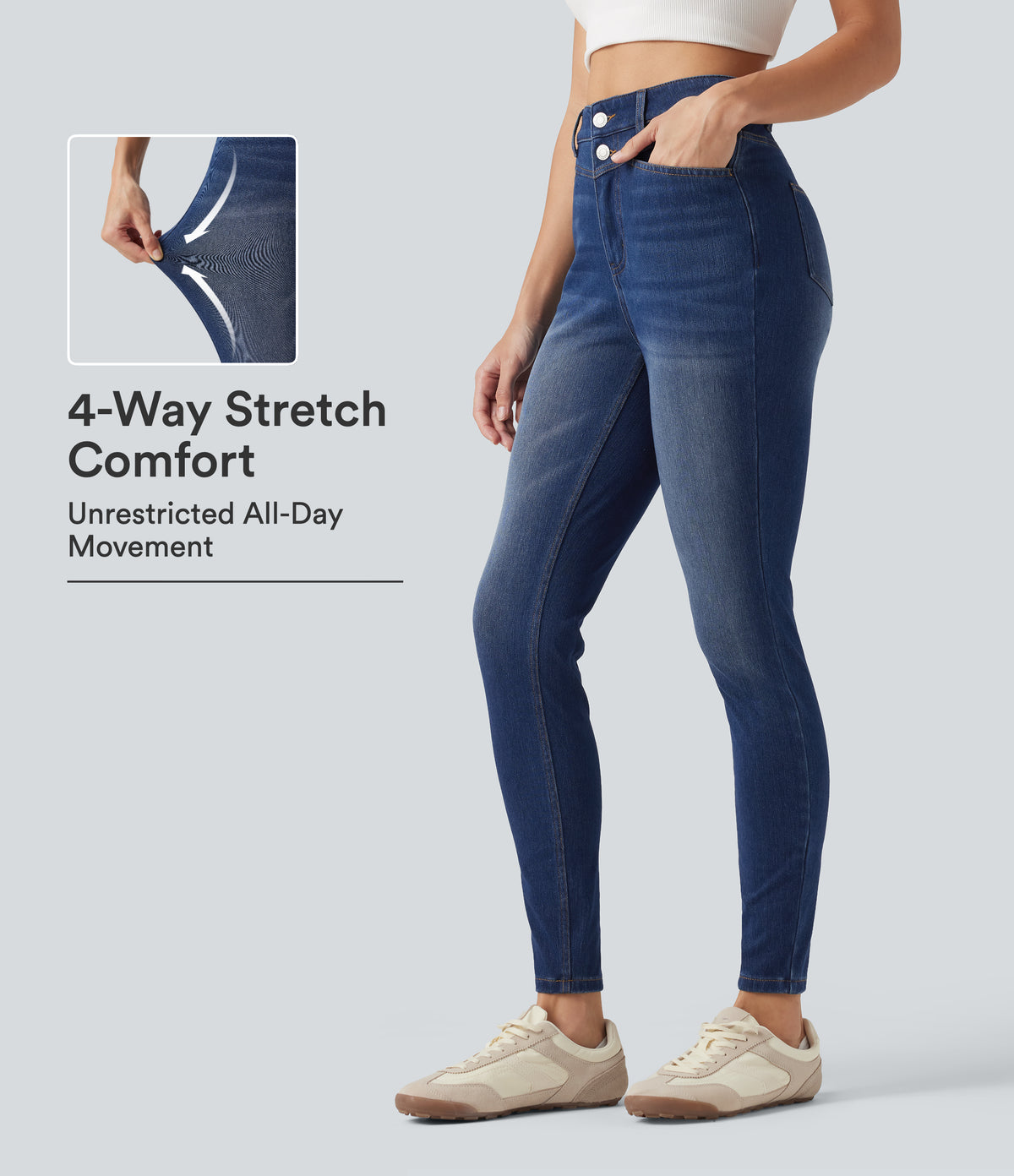 High Waisted Skinny Casual Jeans with Pockets — Estate Blue Denim — view 1