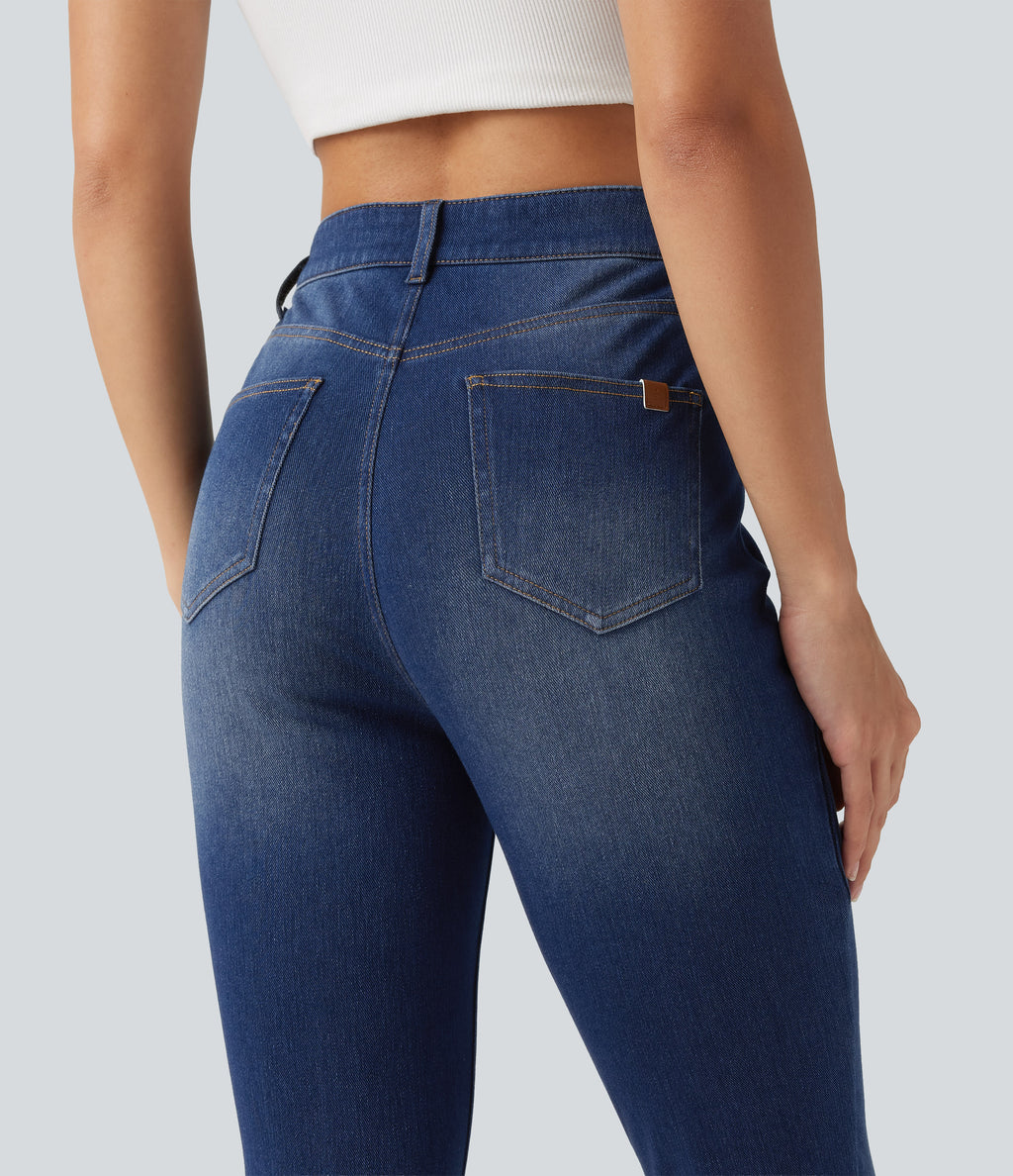 High Waisted Skinny Casual Jeans with Pockets — Estate Blue Denim — view 4
