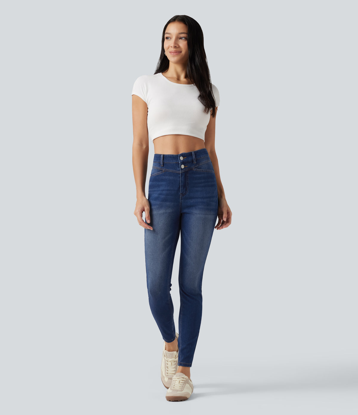 High Waisted Skinny Casual Jeans with Pockets — Estate Blue Denim — view 7