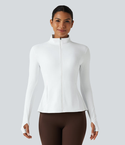 Airy Stand Collar Long Sleeve Thumb Hole Eyelet Ruffle Hem InstantCool Yoga Jacket with Pockets-UPF50+ — White — view 1