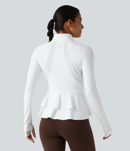 Airy Stand Collar Long Sleeve Thumb Hole Eyelet Ruffle Hem InstantCool Yoga Jacket with Pockets-UPF50+ — White — view 2