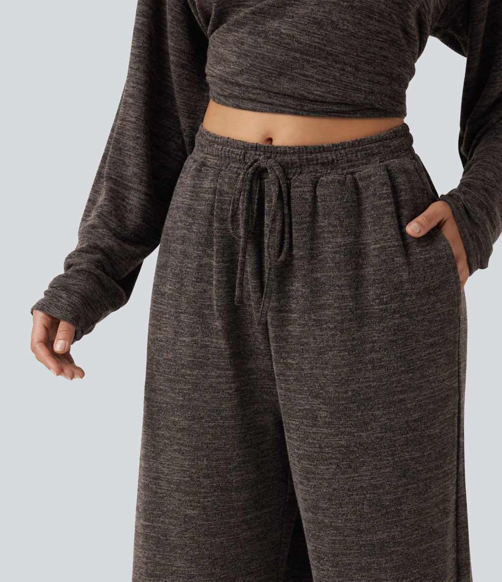 Mid Rise Drawstring Baggy Casual Trousers with Pockets — Light Coffee Floral Yarn — view 4