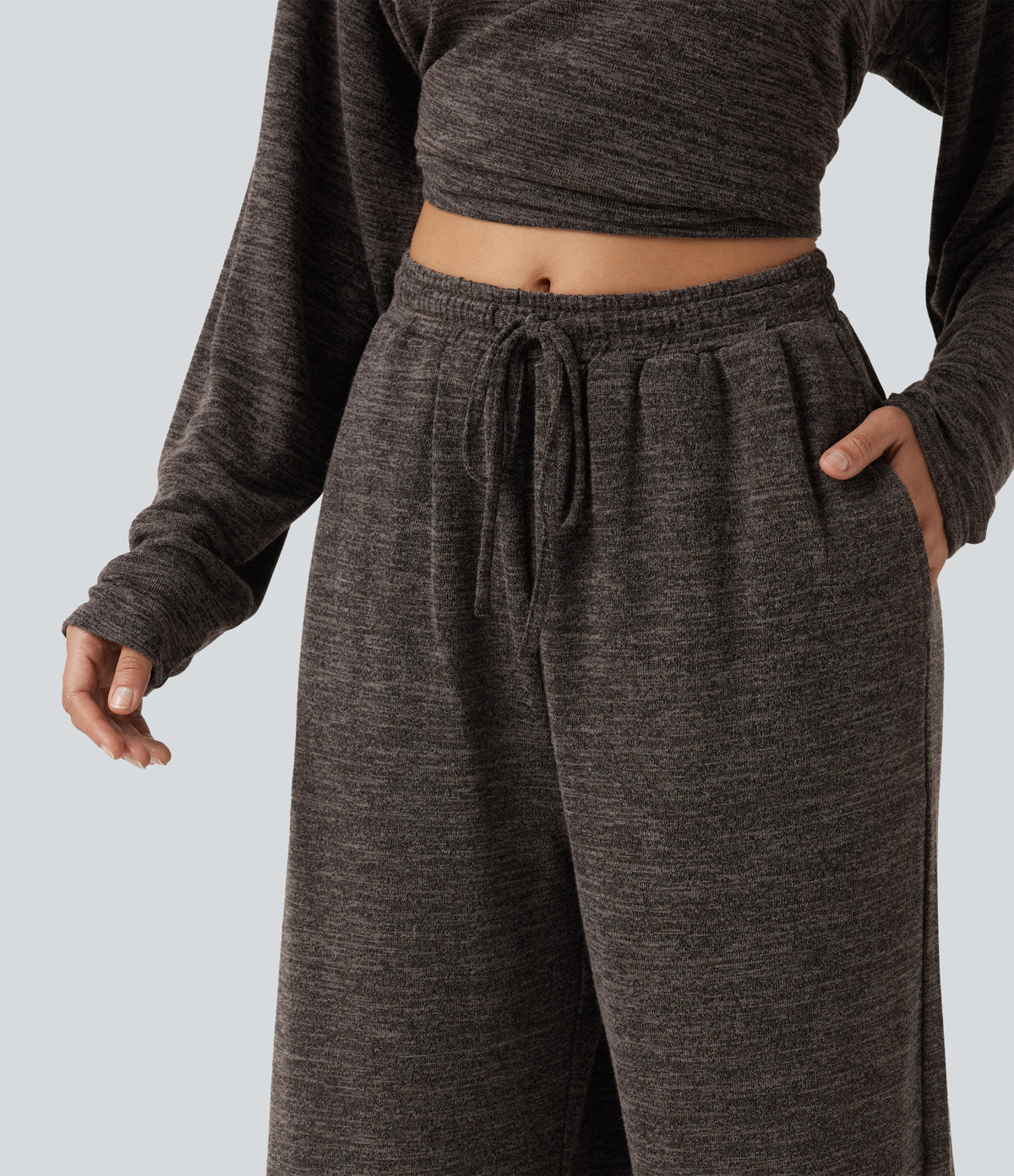 Mid Rise Drawstring Baggy Casual Trousers with Pockets — Light Coffee Floral Yarn — view 4