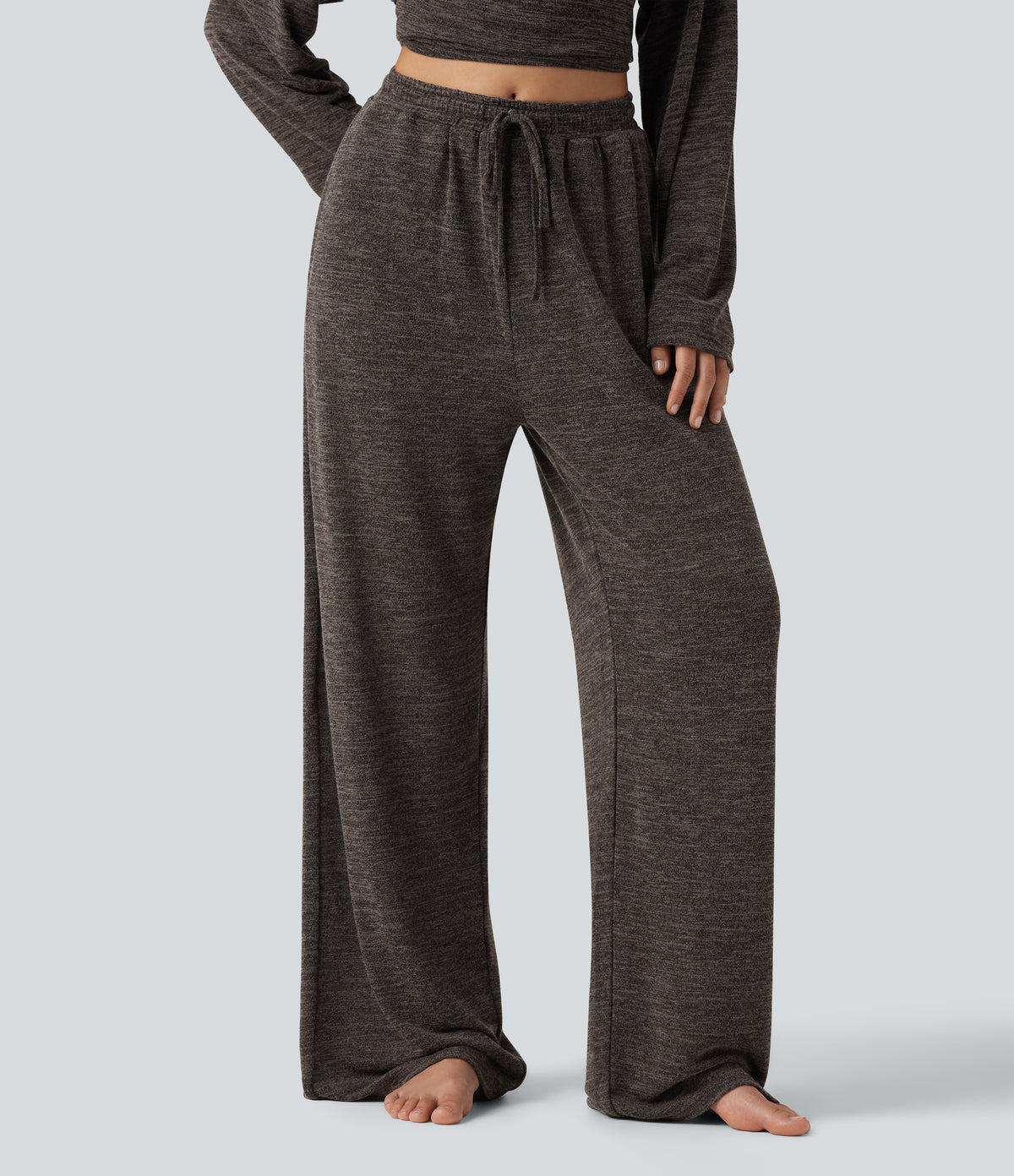 Mid Rise Drawstring Baggy Casual Trousers with Pockets — Light Coffee Floral Yarn — view 1