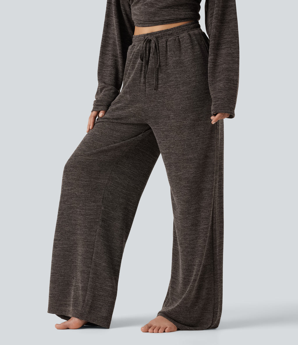 Mid Rise Drawstring Baggy Casual Trousers with Pockets — Light Coffee Floral Yarn — view 3