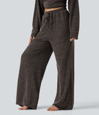 Mid Rise Drawstring Baggy Casual Trousers with Pockets — Light Coffee Floral Yarn — view 3