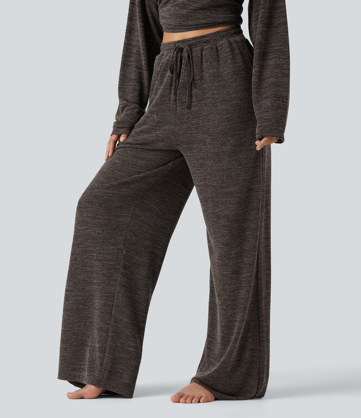 Mid Rise Drawstring Baggy Casual Trousers with Pockets — Light Coffee Floral Yarn — view 3