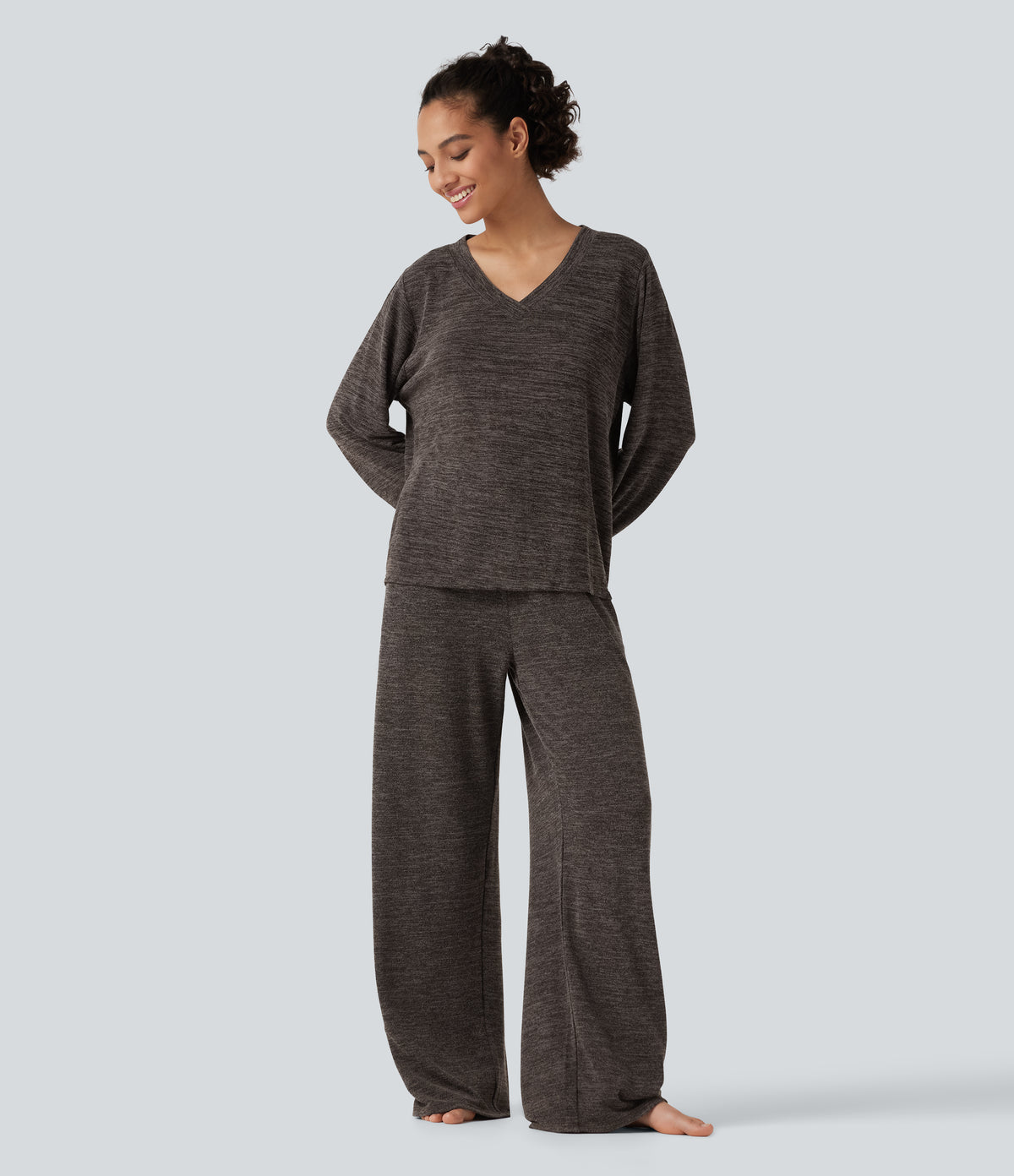 Mid Rise Drawstring Baggy Casual Trousers with Pockets — Light Coffee Floral Yarn — view 8