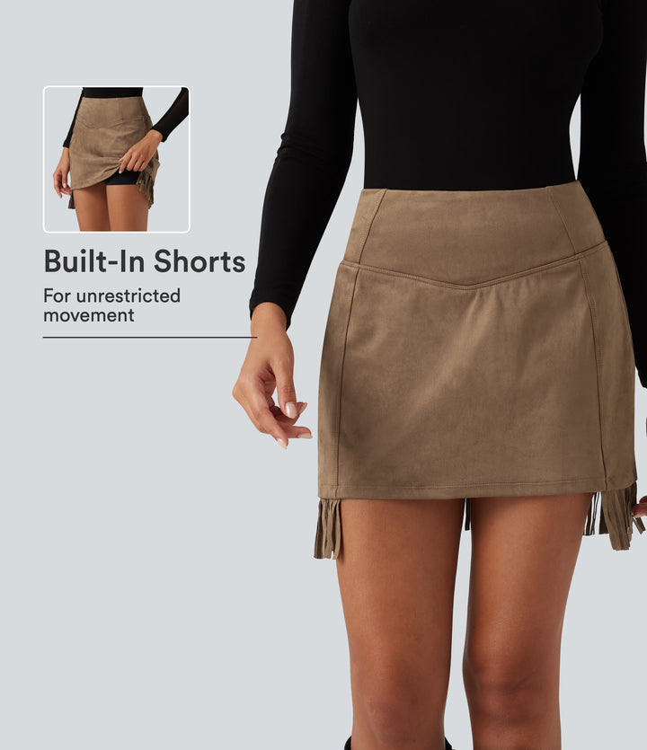 High Waisted Bodycon 2-in-1 Fringe Hem Suede Mini Skirt — Coca Mocha — view 1