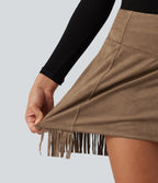 High Waisted Bodycon 2-in-1 Fringe Hem Suede Mini Skirt — Coca Mocha — view 6