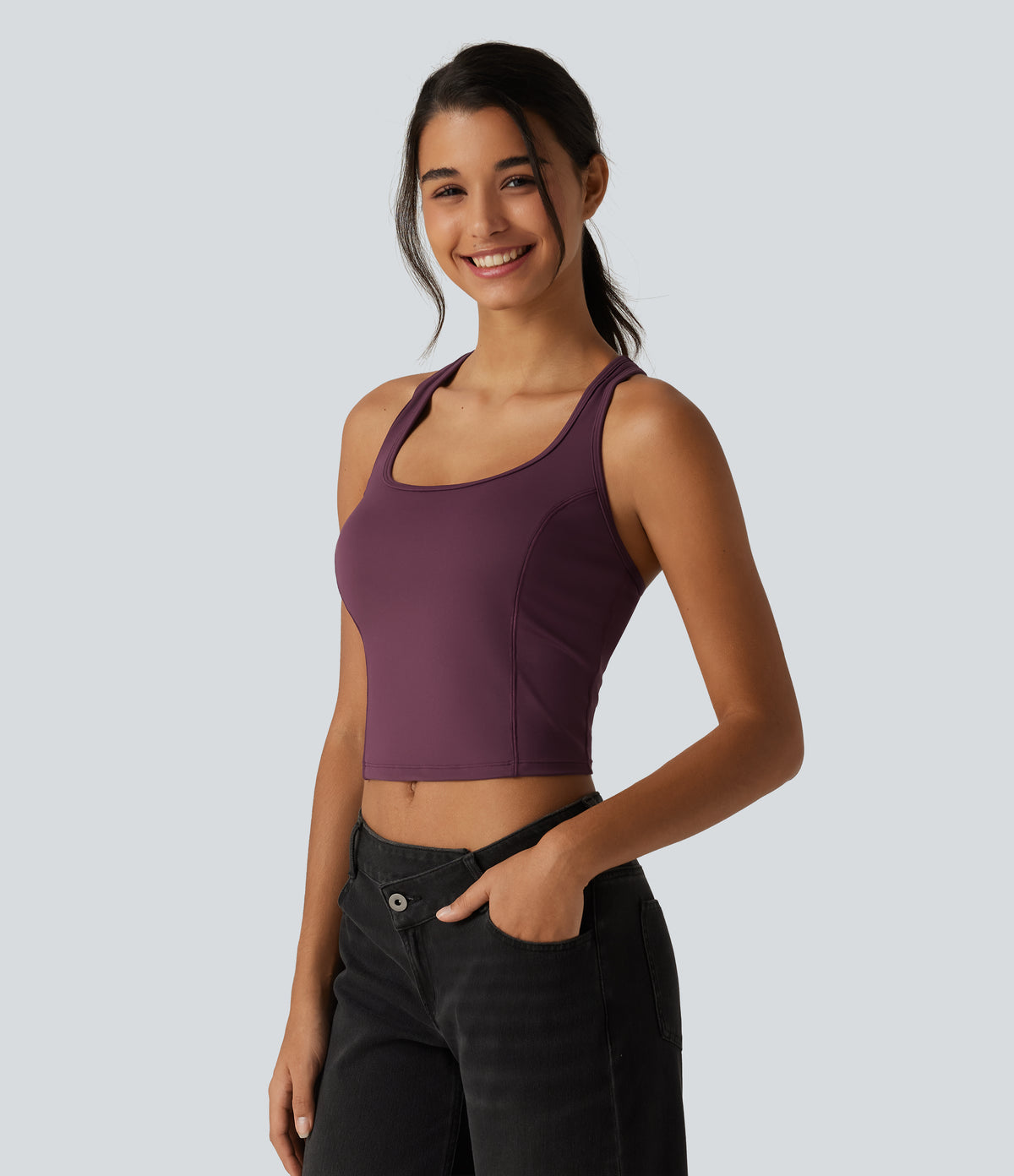 Airy Built-in Bra Contrast Mesh Cropped InstantCool Running Tank Top — Fig — view 3