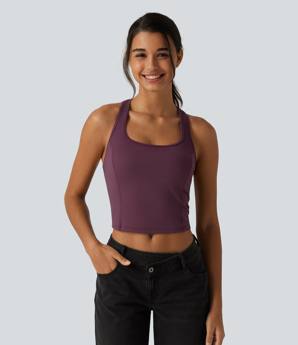 Airy Built-in Bra Contrast Mesh Cropped InstantCool Running Tank Top — Fig — view 4