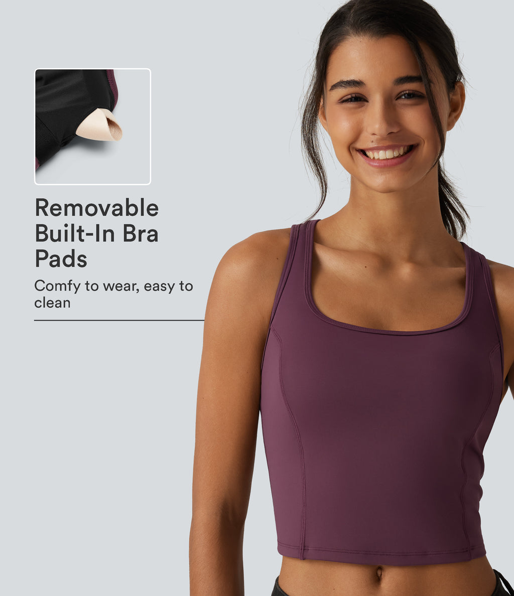 Airy Built-in Bra Contrast Mesh Cropped InstantCool Running Tank Top — Fig — view 1