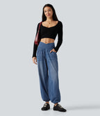 High Waisted Crossover Tummy Control Denim Casual Joggers with Pockets — Tide Blue Denim — view 7